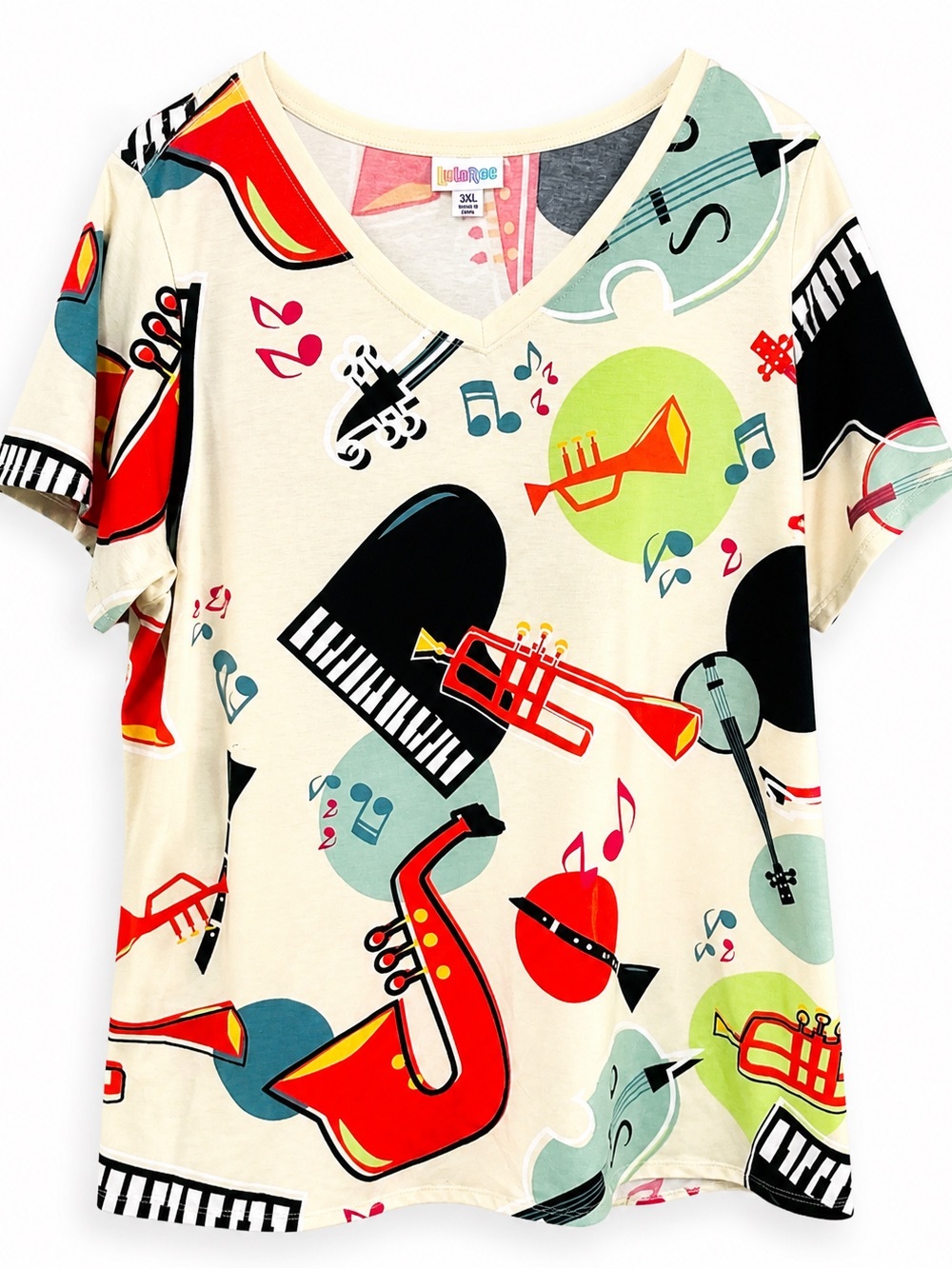LulaRoe 3XL Cream Music-Instrument Graphic V-Neck Stretch T Shirt